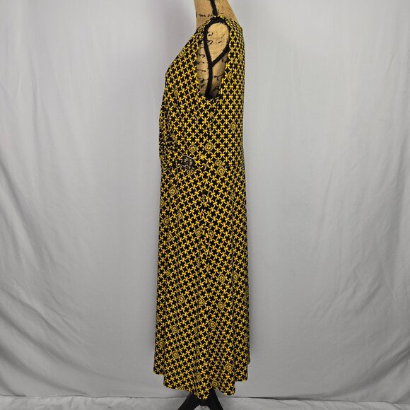 Anne Klein 16 Wrap Style Midi Maxi Dress Yellow Black Abstract Print Elegant - Picture 2 of 14